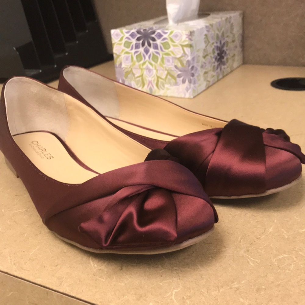 Charles David satin bow flats, burgundy, size 10